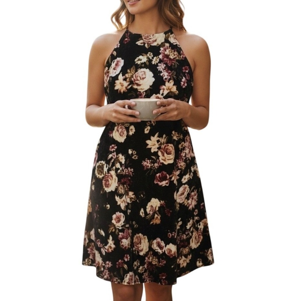 Final Touch Floral Velvet Dress Womens‎ Large Black Halter Neck Mini Shift USA